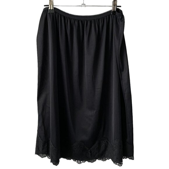 VINTAGE 80s Womens Elastic Waist Slip Skirt Lace Hem Black Large - Picture 1 of 6